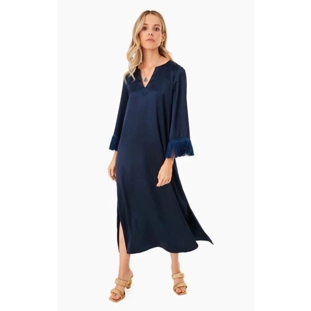 Tuckernuck Navy Satin Fringe Jamie Midi Dress size S small